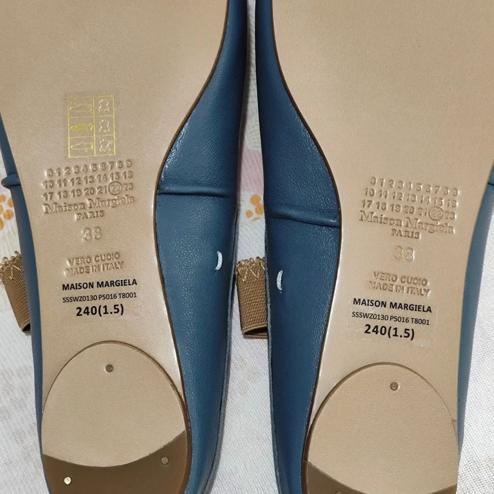 Maison Martin Margiela Teal Blue Leather Tabi Flats with Tan Strap